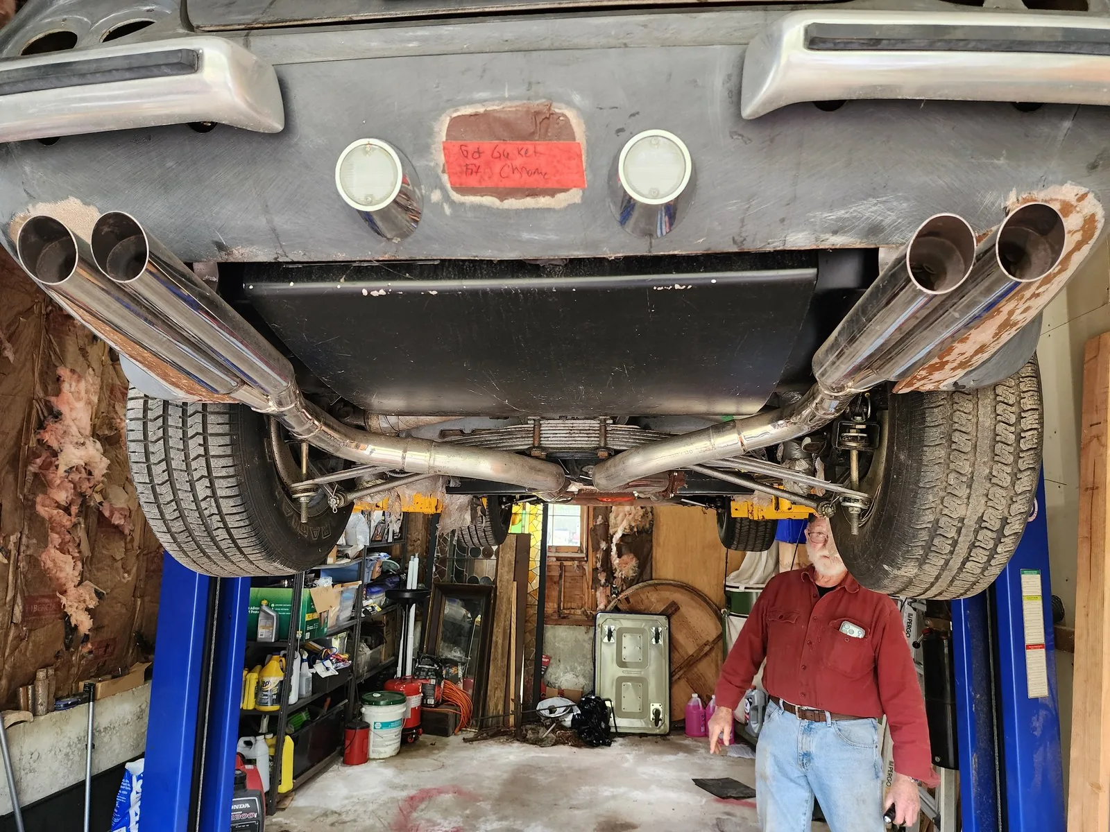 Rowley GTC Daytona Spyder — underneath rear with stainless exhaust and quad polished tips