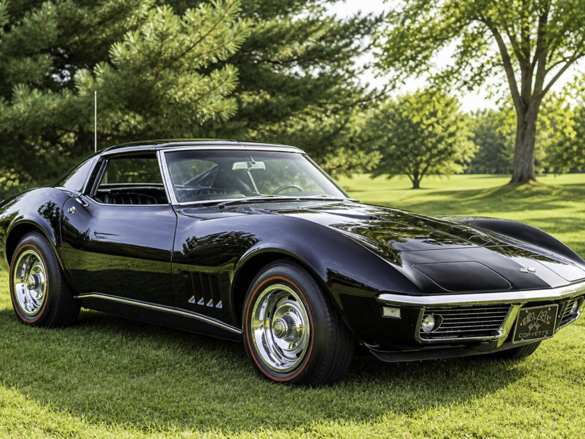 Enhanced original photo of a black classic Chevrolet Corvette front angle photographed outdoors by Corvette Connection in Bolton, Connecticut.