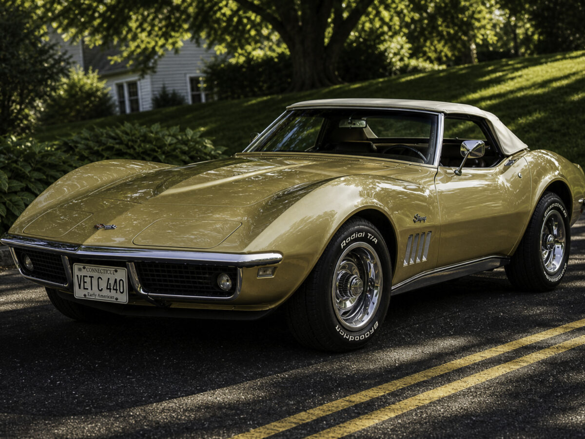 Enhanced original photo of a gold classic Chevrolet Corvette front angle photographed on a road by Corvette Connection in Bolton, Connecticut.