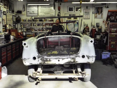 1954 Corvette rear trunk area stripped showing body structure during restoration at Corvette Connection