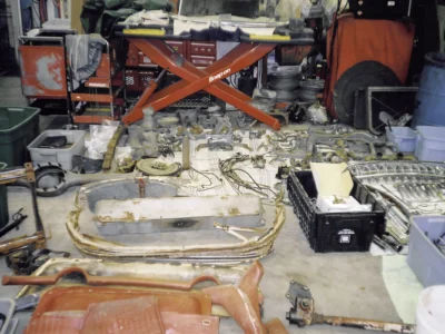 1954 Corvette engine and frame with body removed during frame-off restoration at Corvette Connection