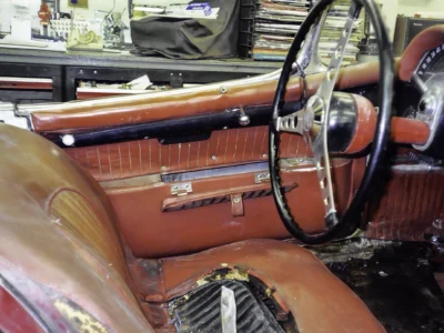 1954 Corvette original red interior and steering wheel before restoration at Corvette Connection