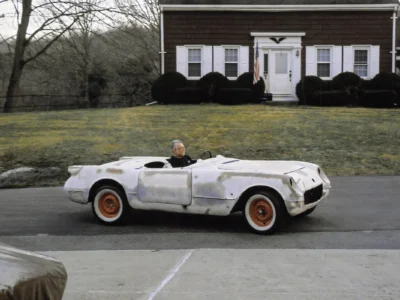 1954 Corvette in white primer driven outdoors to settle body panels at Corvette Connection in Bolton CT