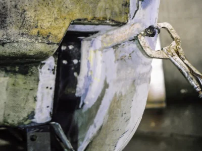 1954 Corvette inner door jamb and body structure showing fiberglass repair work