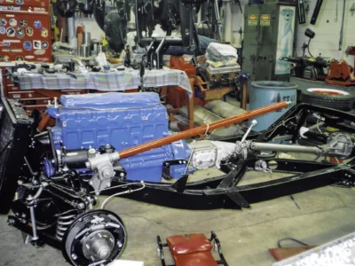 1954 Corvette rolling chassis with Blue Flame engine and front suspension assembled at Corvette Connection