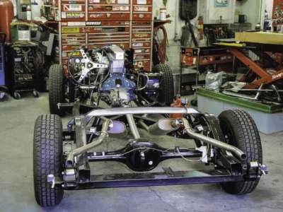 1954 Corvette rolling chassis with Blue Flame engine and drivetrain assembled at Corvette Connection