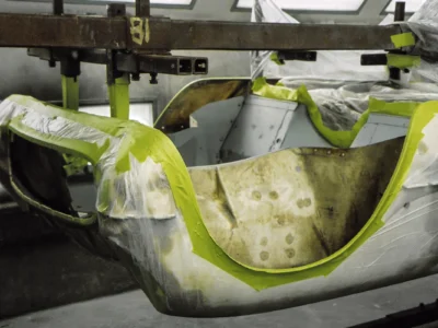 1954 Corvette interior trunk and body masked with yellow tape for paint at Corvette Connection