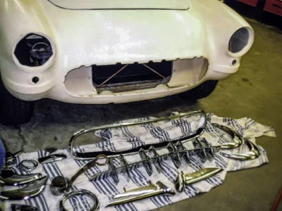 1957 Corvette front nose section removed showing bare frame and support structure