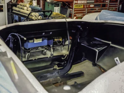 1957 Corvette interior firewall and dashboard area stripped during restoration