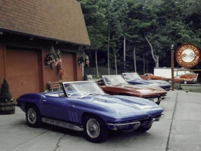 Restored 1965 Corvette Sting Ray convertible in blue at Corvette Connection shop in Bolton CT