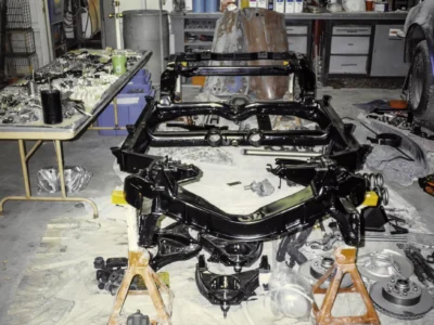 1965 Corvette chassis and engine bay from above during disassembly at Corvette Connection