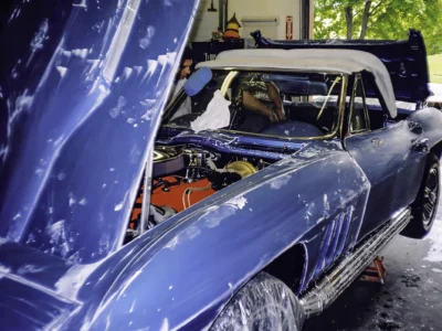 1966 Corvette Sting Ray Nassau Blue paint close-up showing deep gloss finish