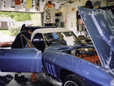 1966 Corvette Sting Ray in Nassau Blue engine bay during assembly at Corvette Connection
