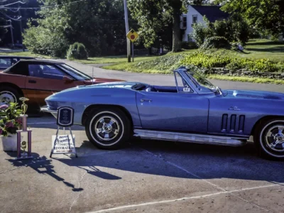 Completed 1966 Corvette Sting Ray in Nassau Blue front three-quarter beauty shot at Corvette Connection in Bolton CT