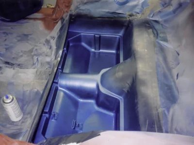 1966 Corvette Sting Ray interior trunk area sprayed in Nassau Blue in paint booth