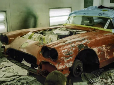 Corvette body shell in primer inside Corvette Connection paint booth ready for color