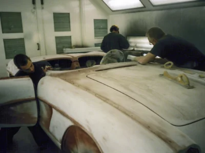 Side profile of 1962 Corvette body in primer ready for color application