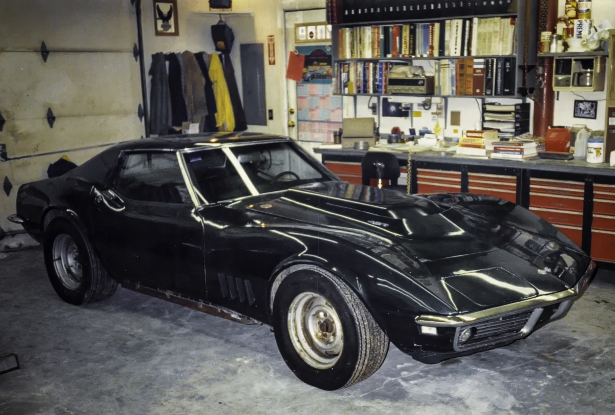 1968 Corvette Stingray in black front three-quarter view before restoration at Corvette Connection