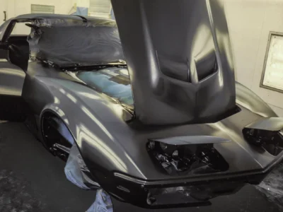 1968 Corvette Stingray rear deck in fresh black paint showing body lines