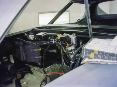 1968 Corvette dashboard and steering area during interior assembly