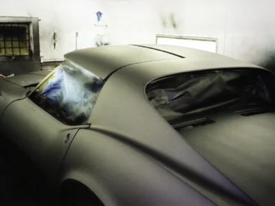 Close-up of 1968 Corvette rear deck and roofline in primer