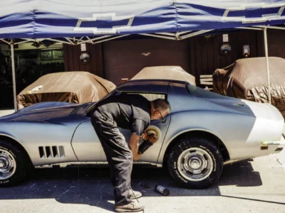 Technician working on the wheel and lower body area of a 1968 Corvette under a canopy