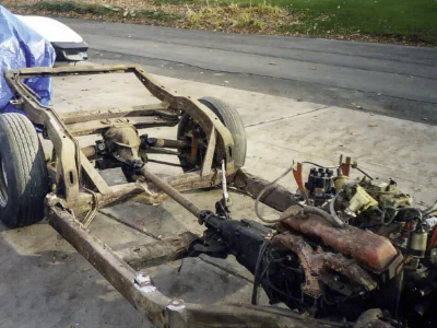 1968 Corvette chassis and drivetrain removed from the body during restoration.