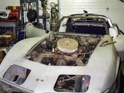 1968 Corvette engine bay with small-block engine during restoration.