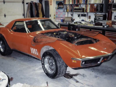 1969 Corvette Stingray convertible in red front three-quarter before restoration
