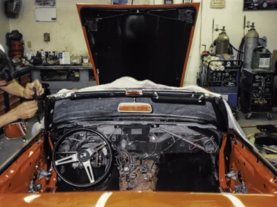 1969 Corvette Stingray engine bay during final assembly after paint at Corvette Connection