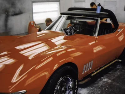 Restored 1969 Corvette Stingray convertible in red rear three-quarter beauty shot