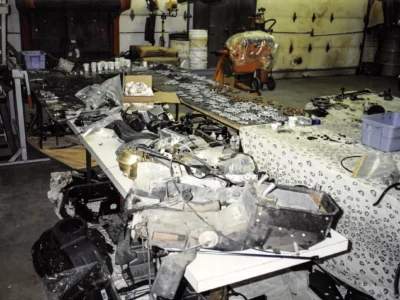 1969 Corvette Stingray interior stripped to bare fiberglass during teardown at Corvette Connection