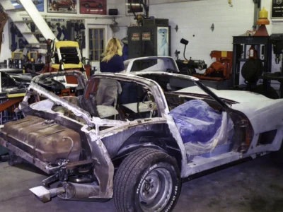 1970 Corvette stripped body shell with interior exposed during restoration.