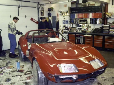 Red 1970 Corvette in the restoration shop during final assembly at Corvette Connection in Bolton, CT.