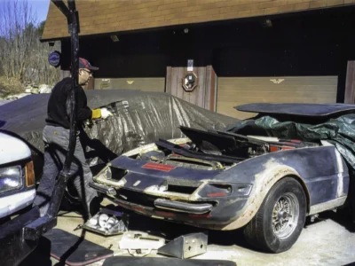 McBurnie Daytona Spyder body in silver showing rear deck and engine bay area