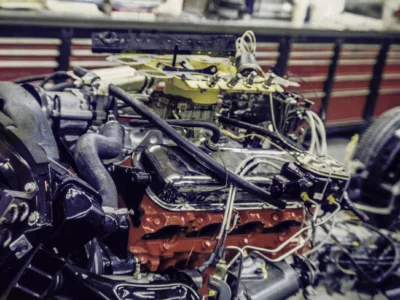 McBurnie Daytona Spyder 350 V8 engine side view showing headers and exhaust