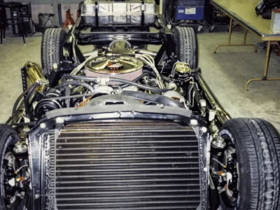 McBurnie Daytona Spyder 350 V8 engine front view showing radiator and accessories