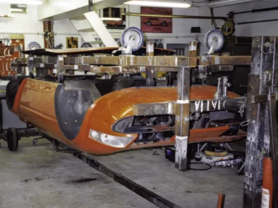 McBurnie Daytona Spyder body on fabrication jig during build at Corvette Connection