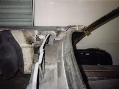 McBurnie Daytona Spyder body seam and fiberglass structure detail during body work