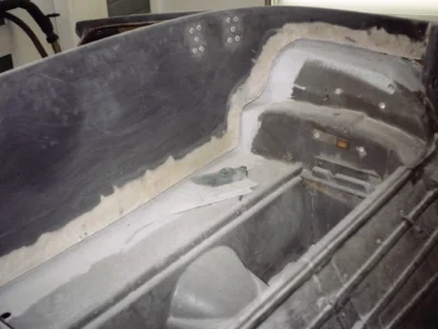 McBurnie Daytona Spyder cockpit area stripped to bare fiberglass during body work