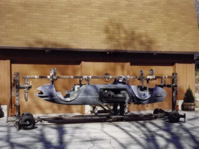 McBurnie Daytona Spyder body on C3 frame showing front suspension and steering at Corvette Connection
