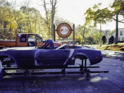 McBurnie Daytona Spyder body in dark primer on C3 chassis outdoors at Corvette Connection