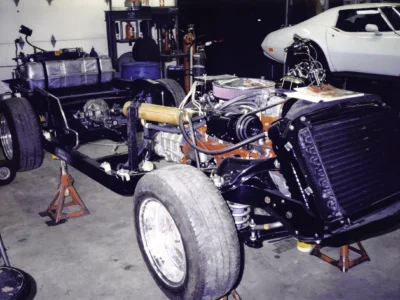 McBurnie Daytona Spyder C3 rolling chassis with engine and radiator during assembly