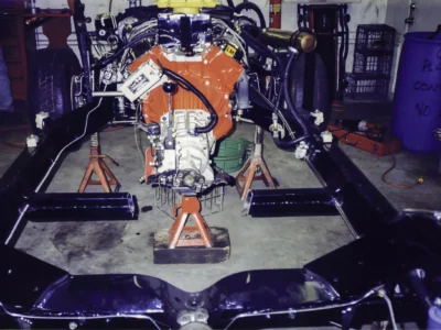 McBurnie Daytona Spyder rebuilt 350 V8 engine on stand during build at Corvette Connection