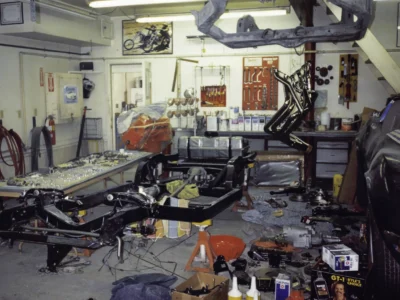 McBurnie Daytona Spyder engine and transmission on rolling chassis at Corvette Connection