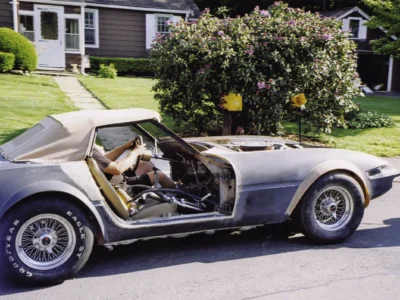 McBurnie Daytona Spyder in silver assembled outdoors showing body lines at Corvette Connection