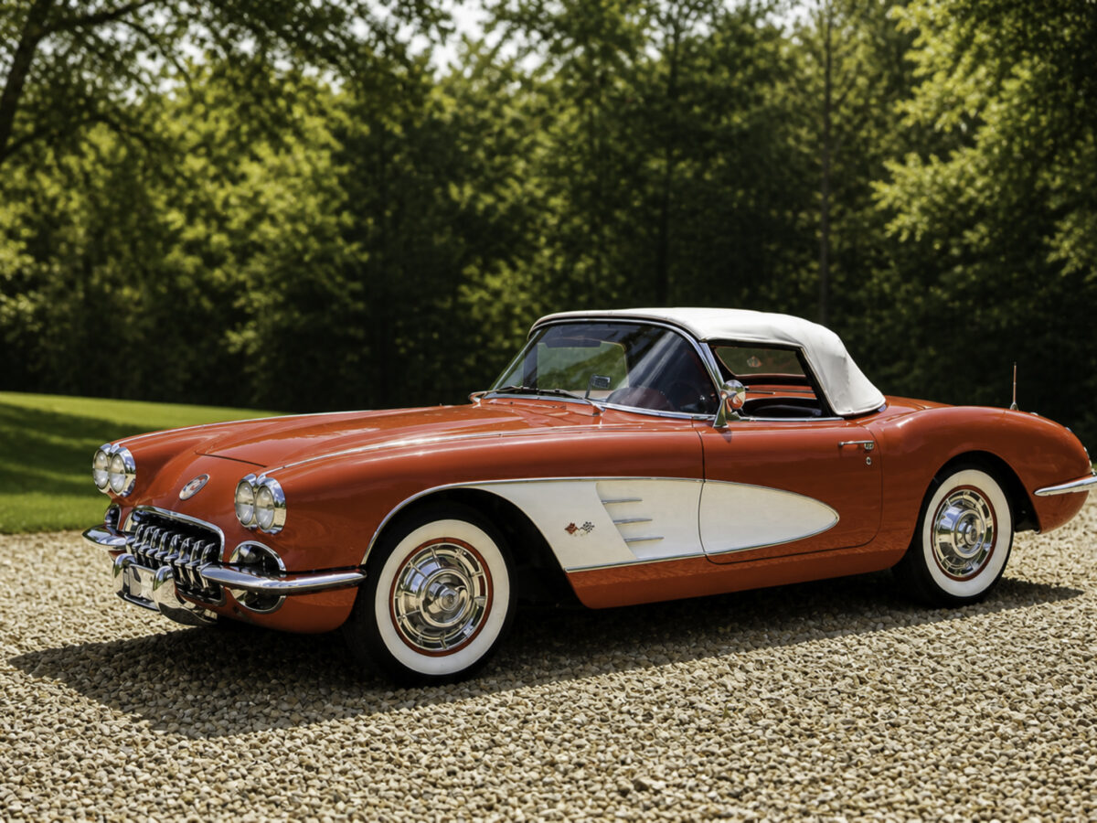 Enhanced original photo of a red and white classic Chevrolet Corvette side view outdoors by Corvette Connection in Bolton, Connecticut.
