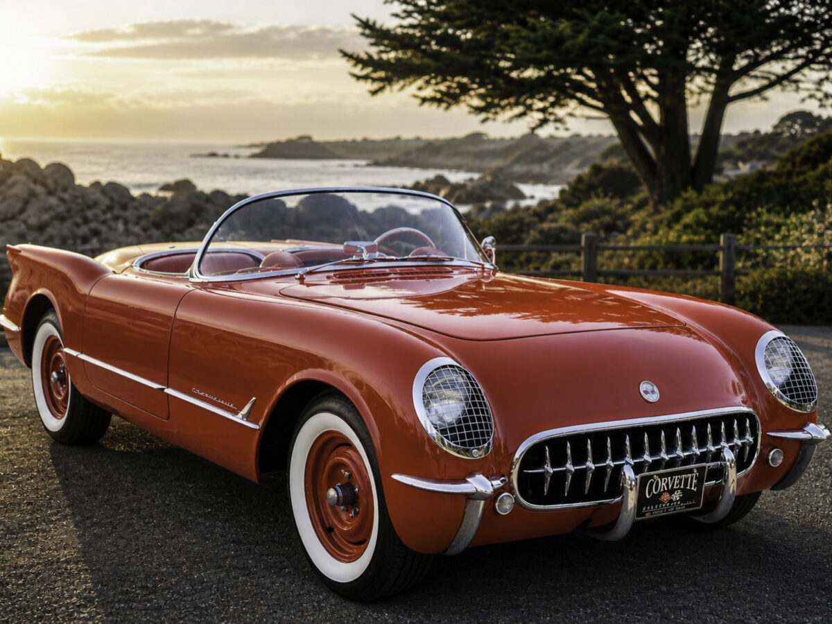 Enhanced original photo of a red and white classic Chevrolet Corvette convertible photographed at sunset by Corvette Connection in Bolton, Connecticut.